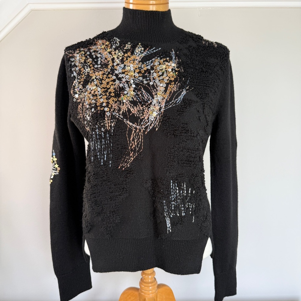 Anthropologie Knitted & Knotted Beaded Fête Turtleneck Sweater in Black Small